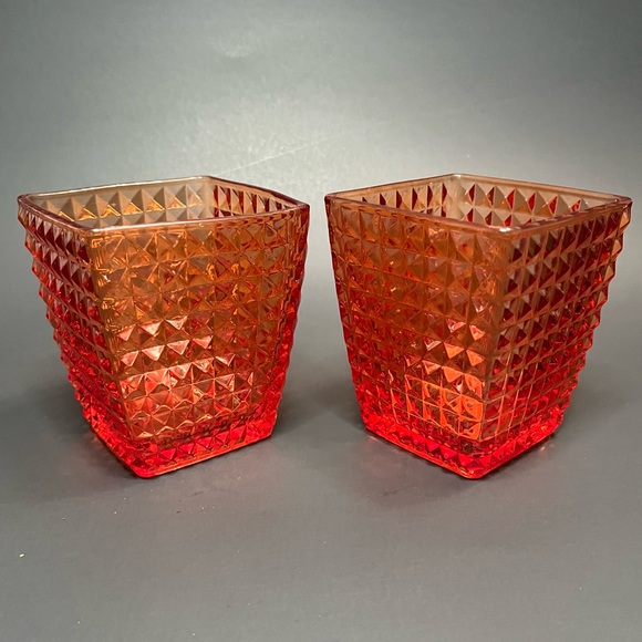 Orange Red  Glass Candle Holder Diamond Cut Iridescent - Picture 4 of 9